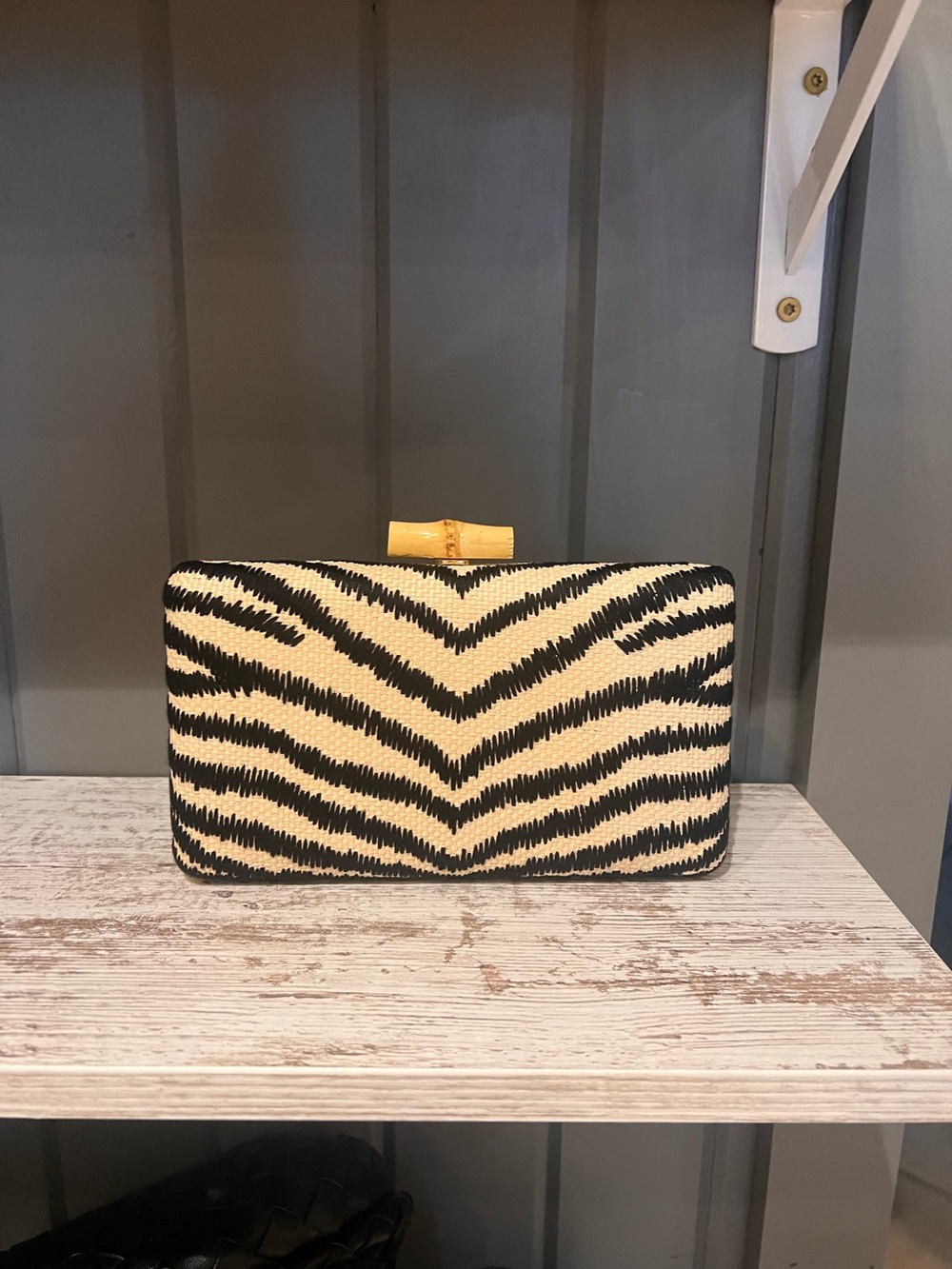 Woven Zebra-Print Clutch in Black and Cream